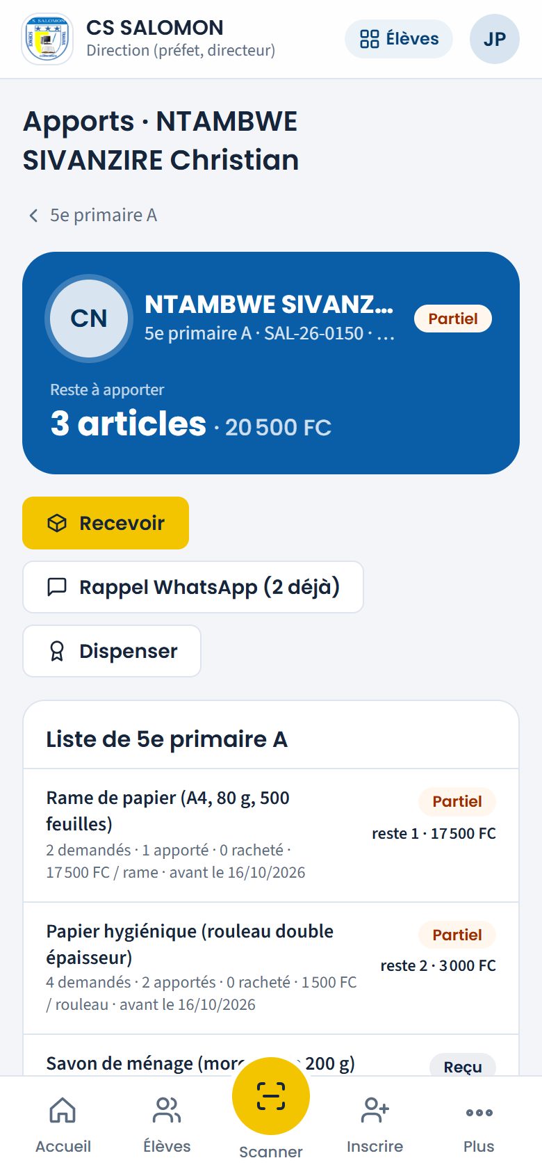 Fiche des apports de NTAMBWE SIVANZIRE Christian (téléphone)