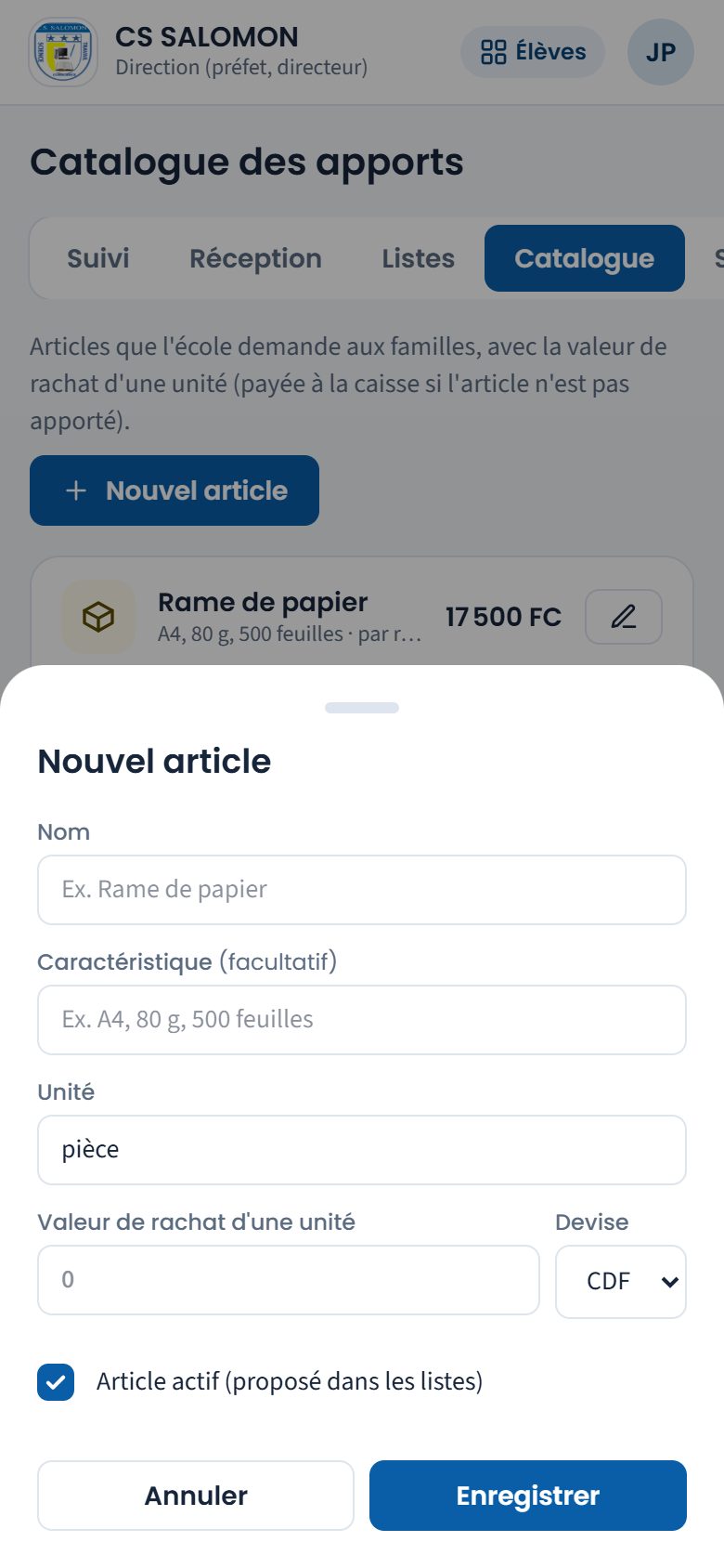 Feuille Nouvel article (téléphone)