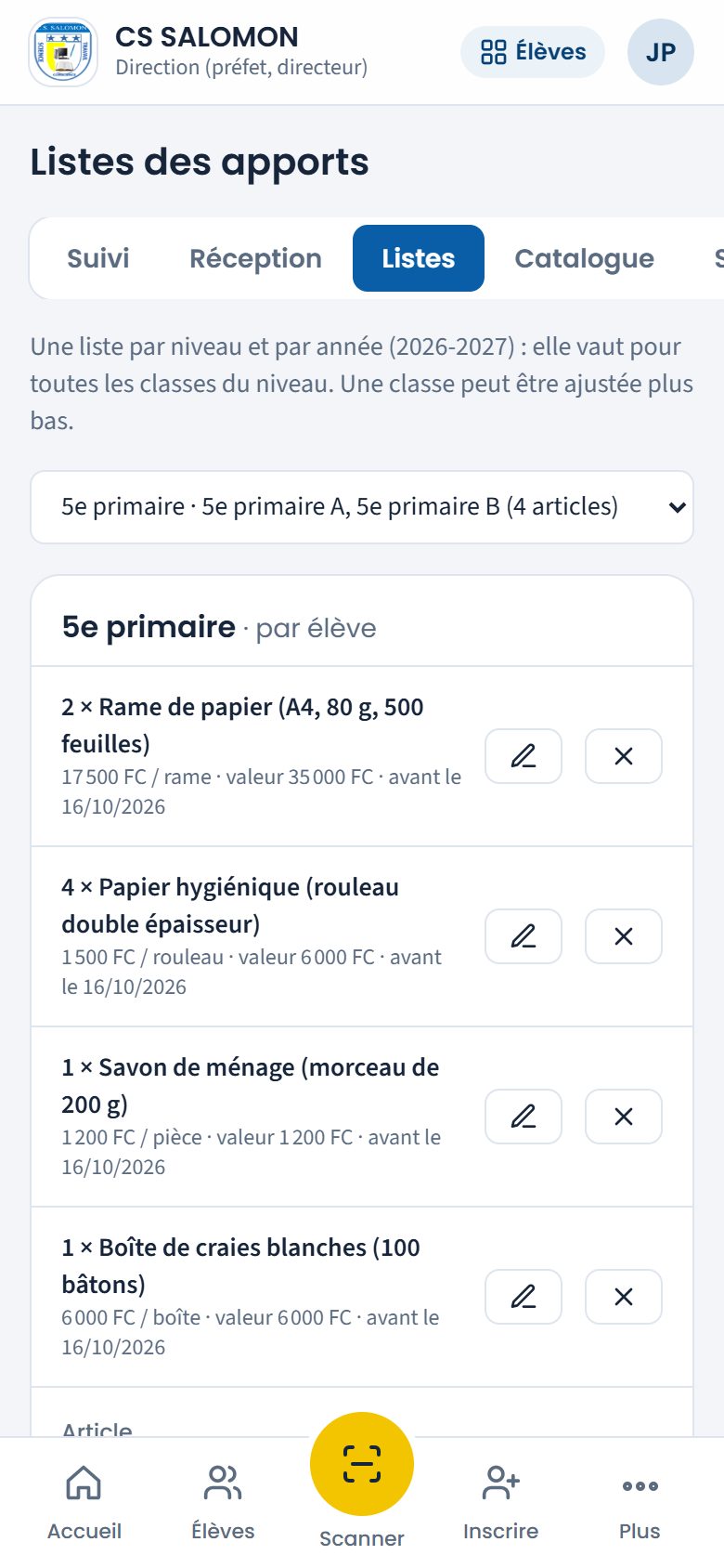 Liste du niveau 5e primaire (téléphone)