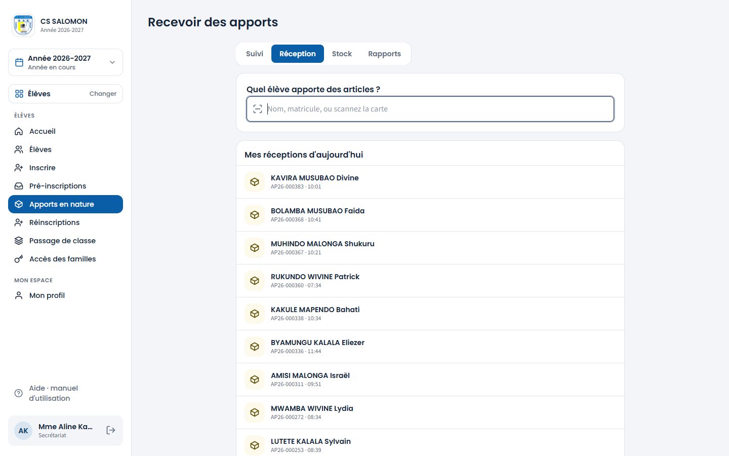 Écran Recevoir des apports (ordinateur)