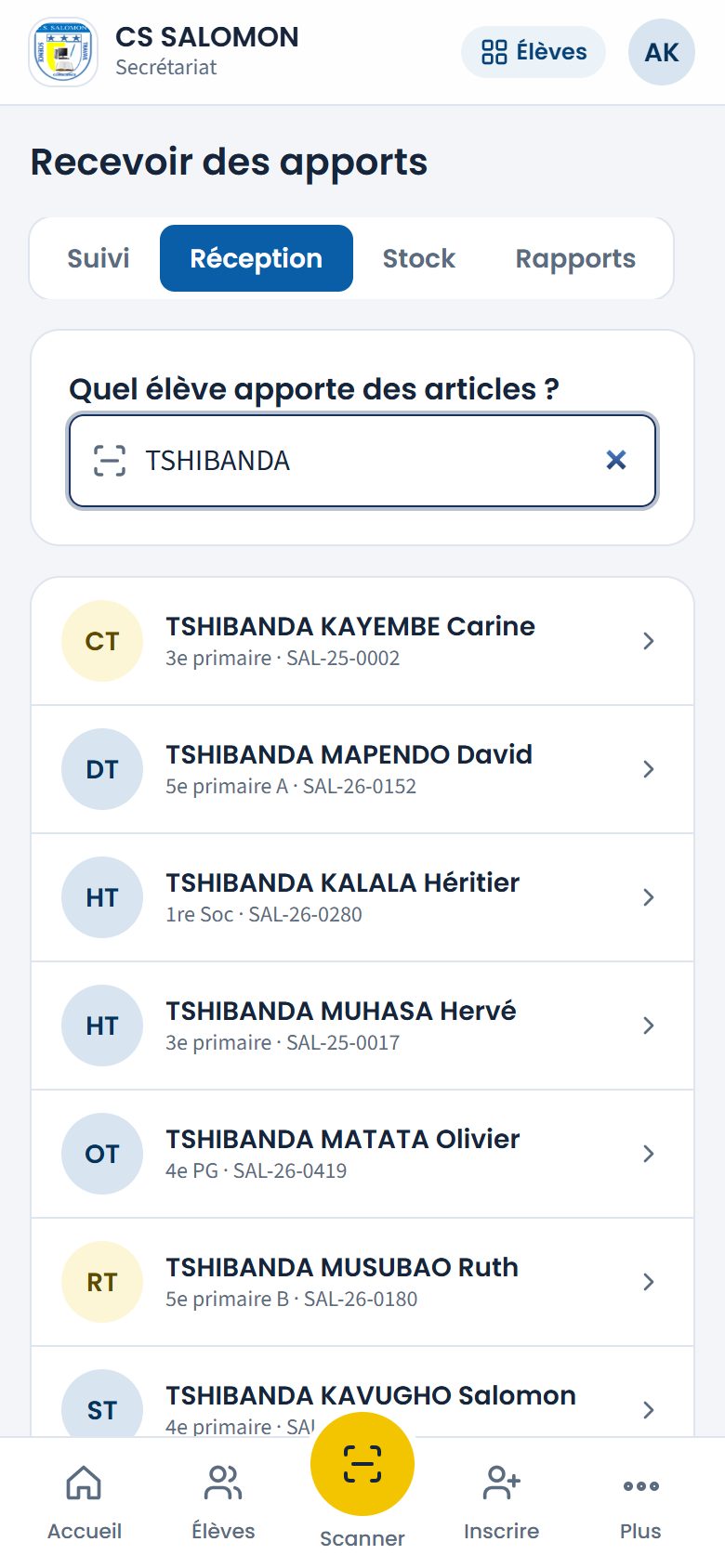 Recherche d'un élève (téléphone)