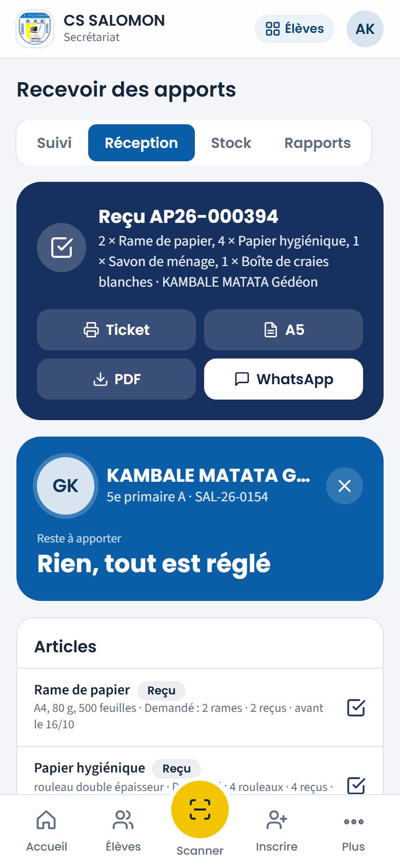 Reçu de dépôt tout juste émis (téléphone)