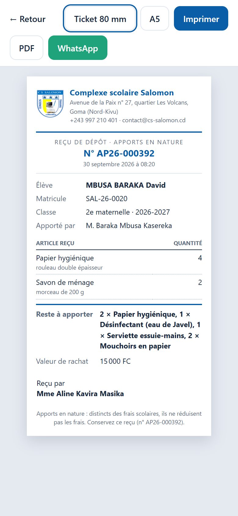Reçu de dépôt au format ticket (téléphone)