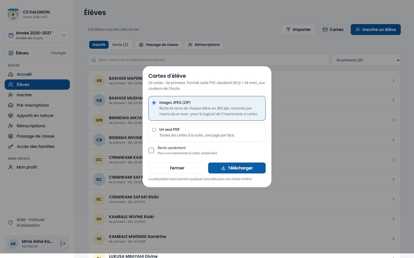 Panneau Cartes d'élève pour la 6e primaire (ordinateur)