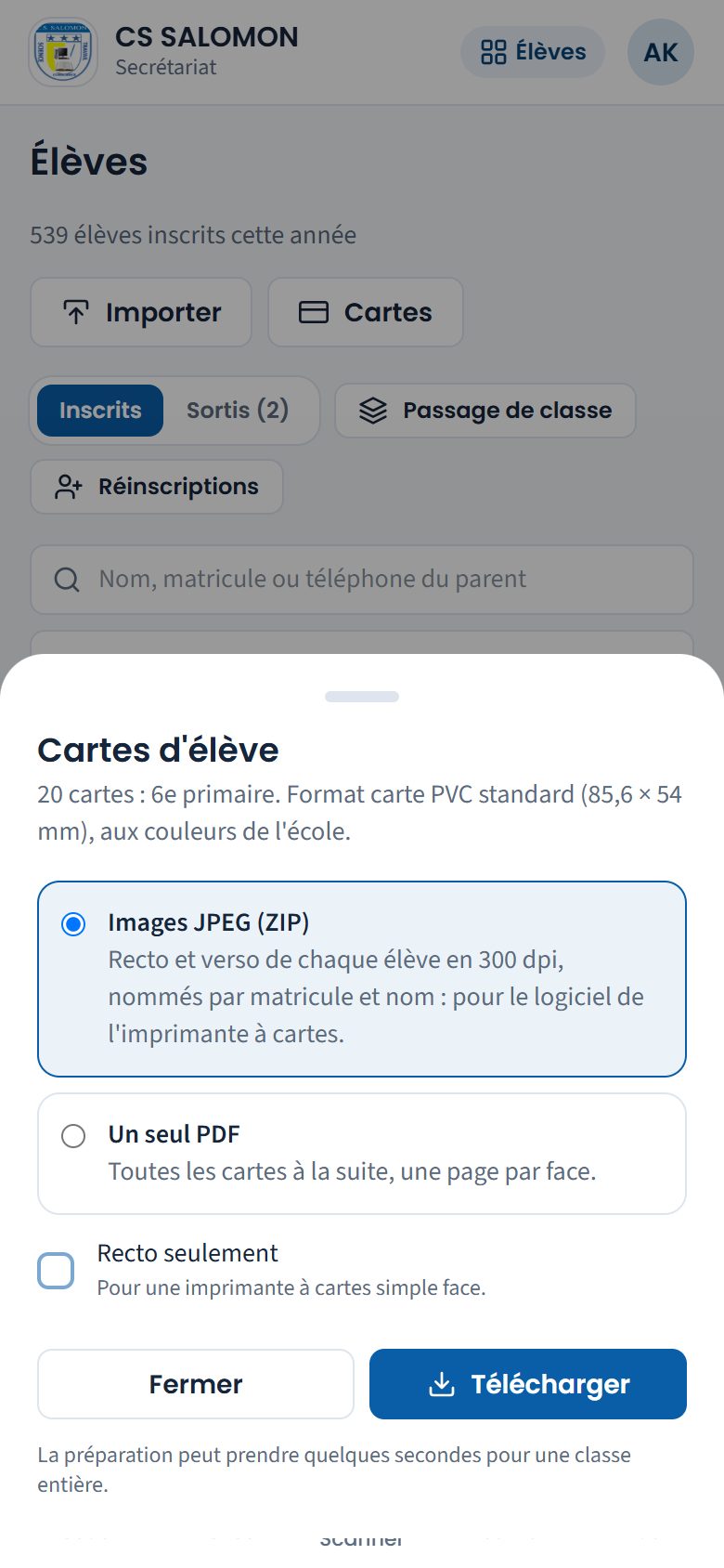 Panneau Cartes d'élève pour la 6e primaire (téléphone)