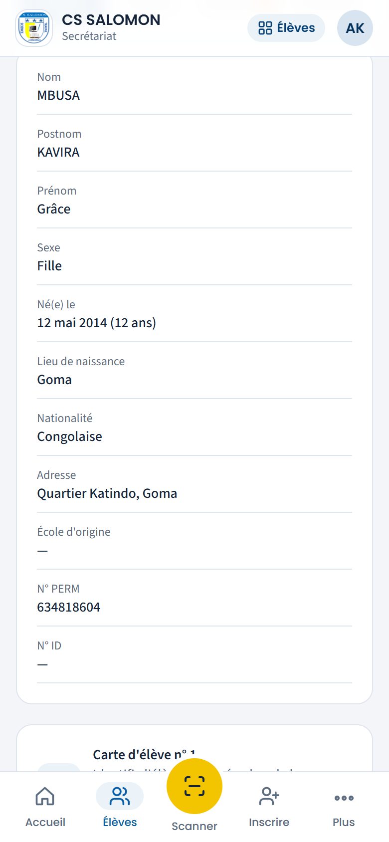 Cadre Carte d'élève sur la fiche (téléphone)