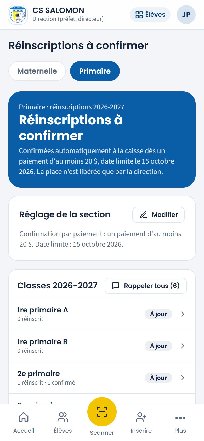 Réinscriptions à confirmer du primaire (téléphone)