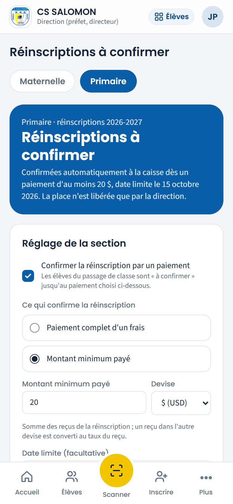 Modification du réglage de la section (téléphone)