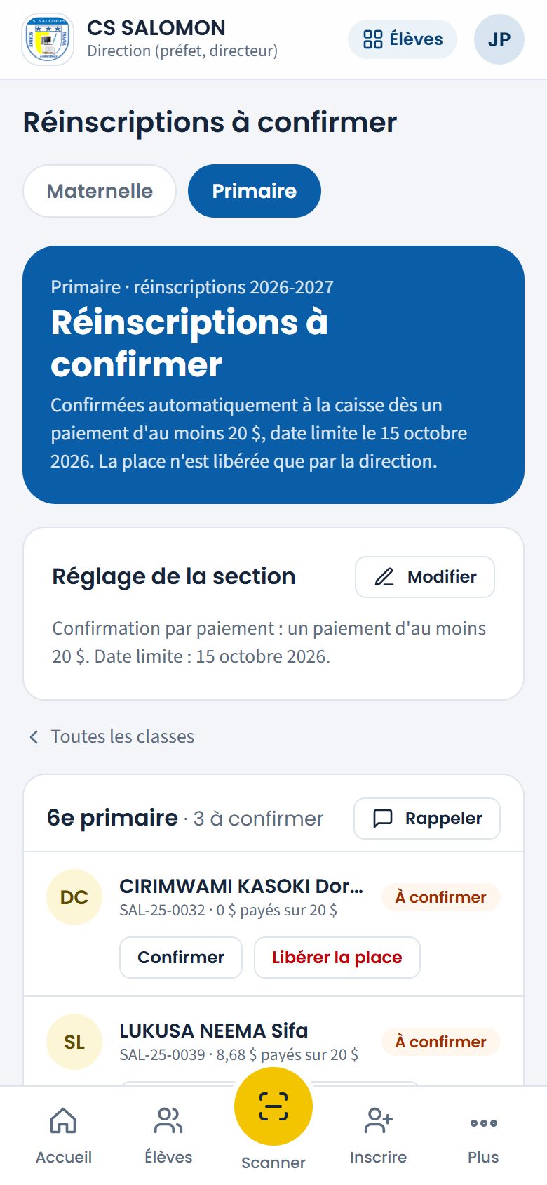 Élèves de 6e primaire à confirmer (téléphone)