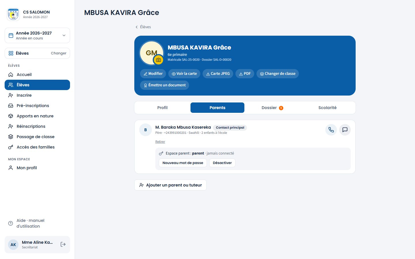 Onglet Parents de la fiche de Grâce MBUSA KAVIRA (ordinateur)