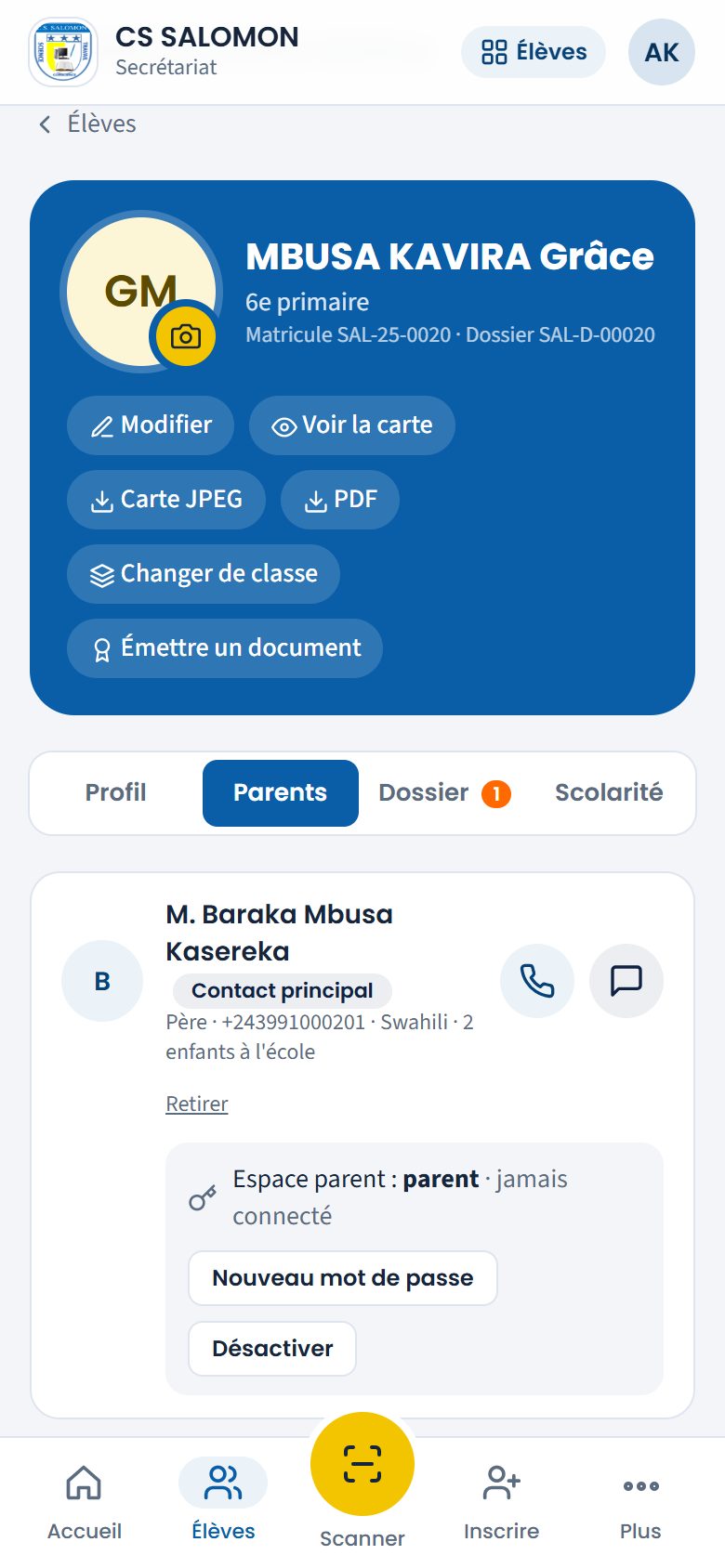 Onglet Parents de la fiche de Grâce MBUSA KAVIRA (téléphone)