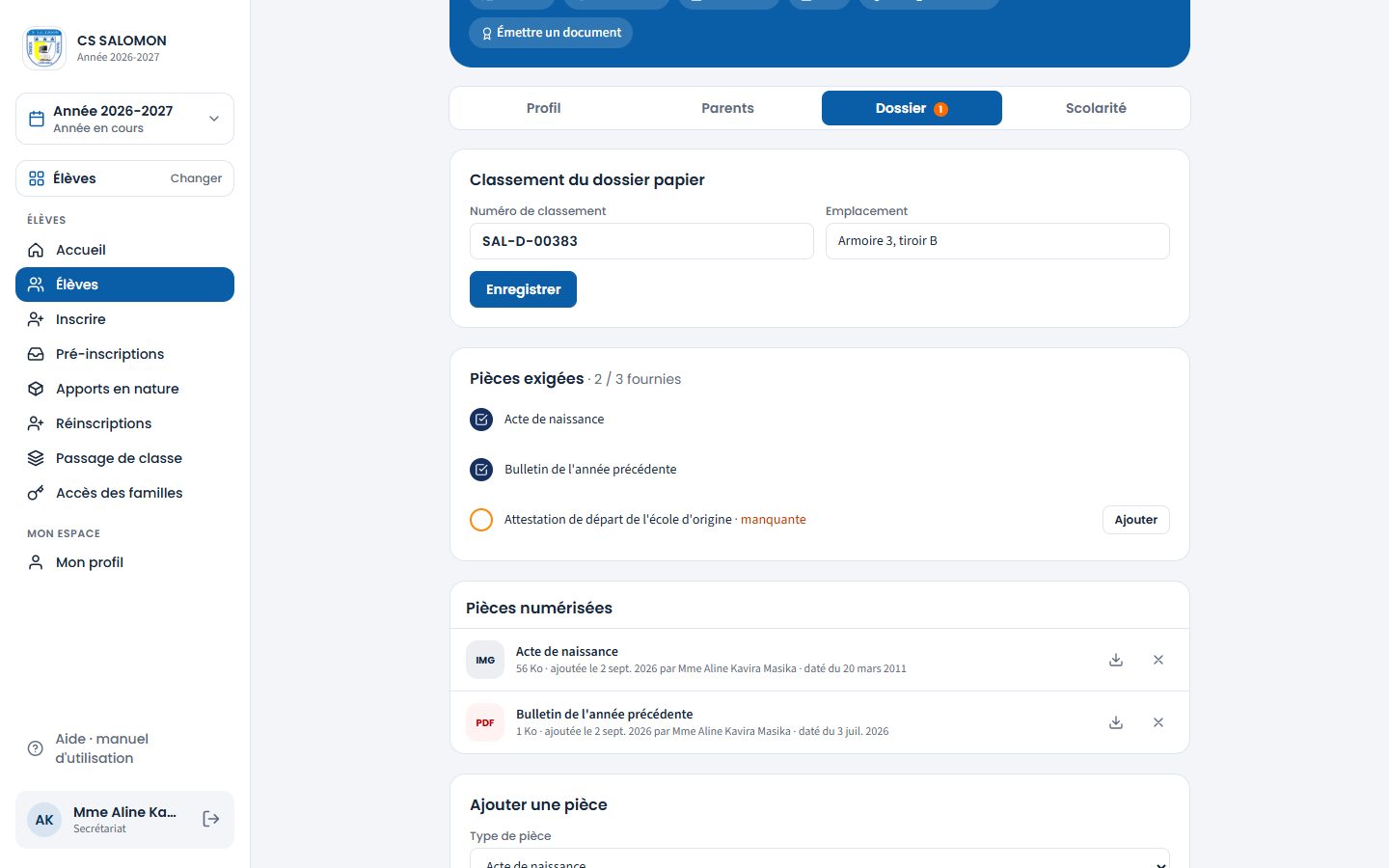 Onglet Dossier de Fidélia BIRINDWA (ordinateur)