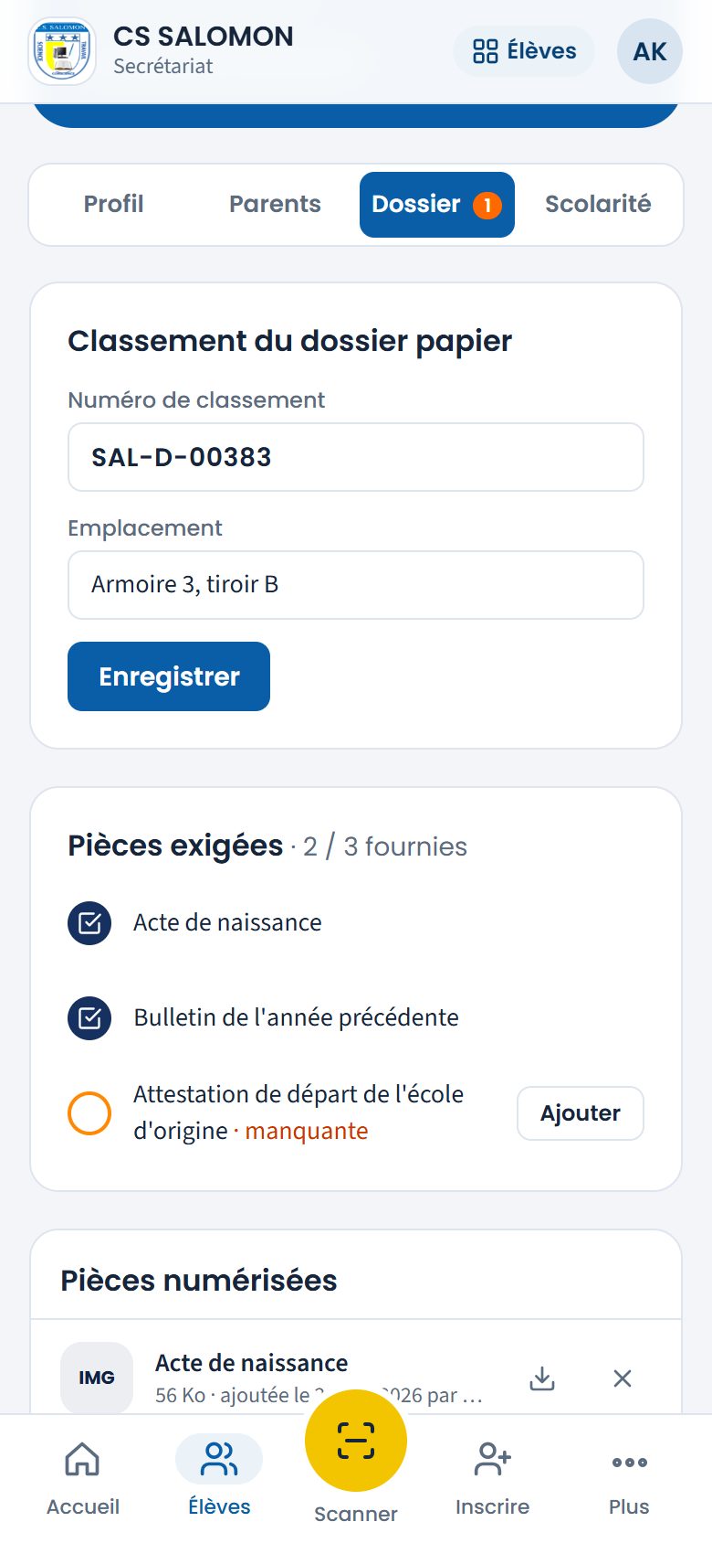 Onglet Dossier de Fidélia BIRINDWA (téléphone)