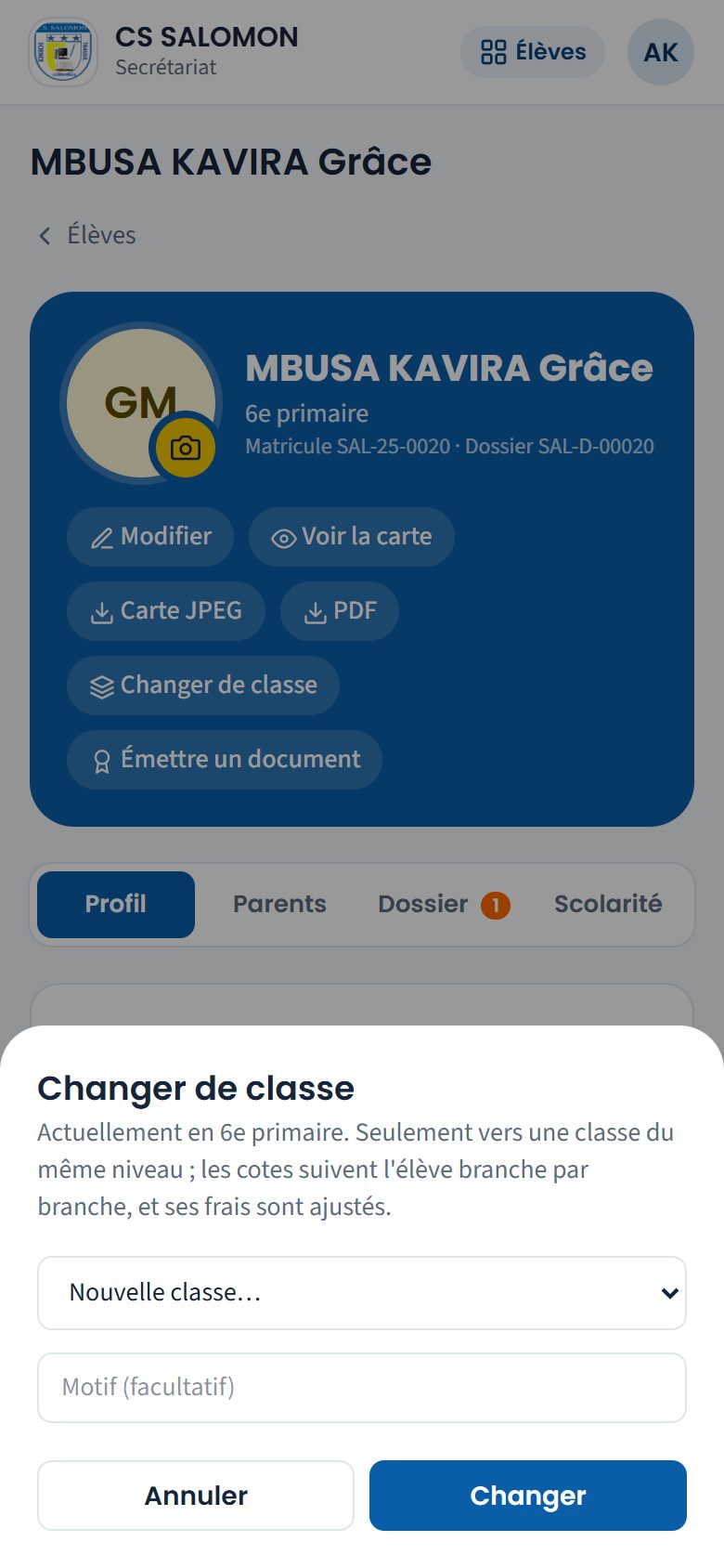 Panneau Changer de classe (téléphone)