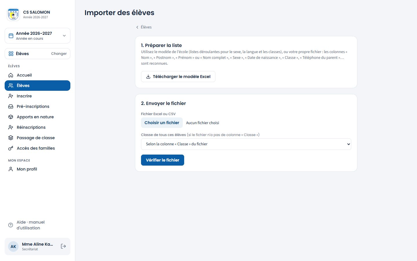 Écran Importer des élèves (ordinateur)
