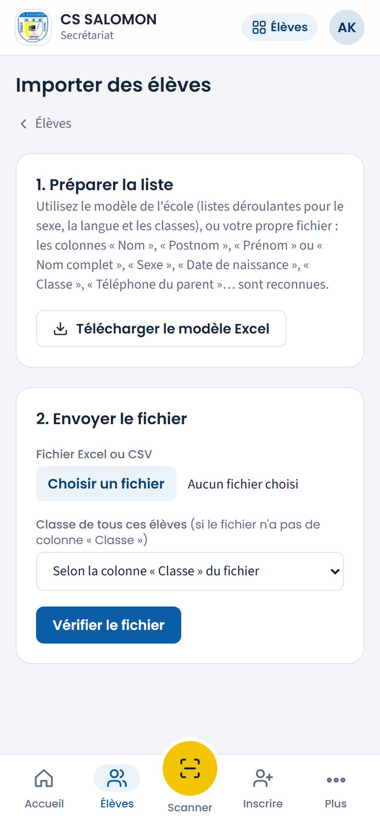 Écran Importer des élèves (téléphone)
