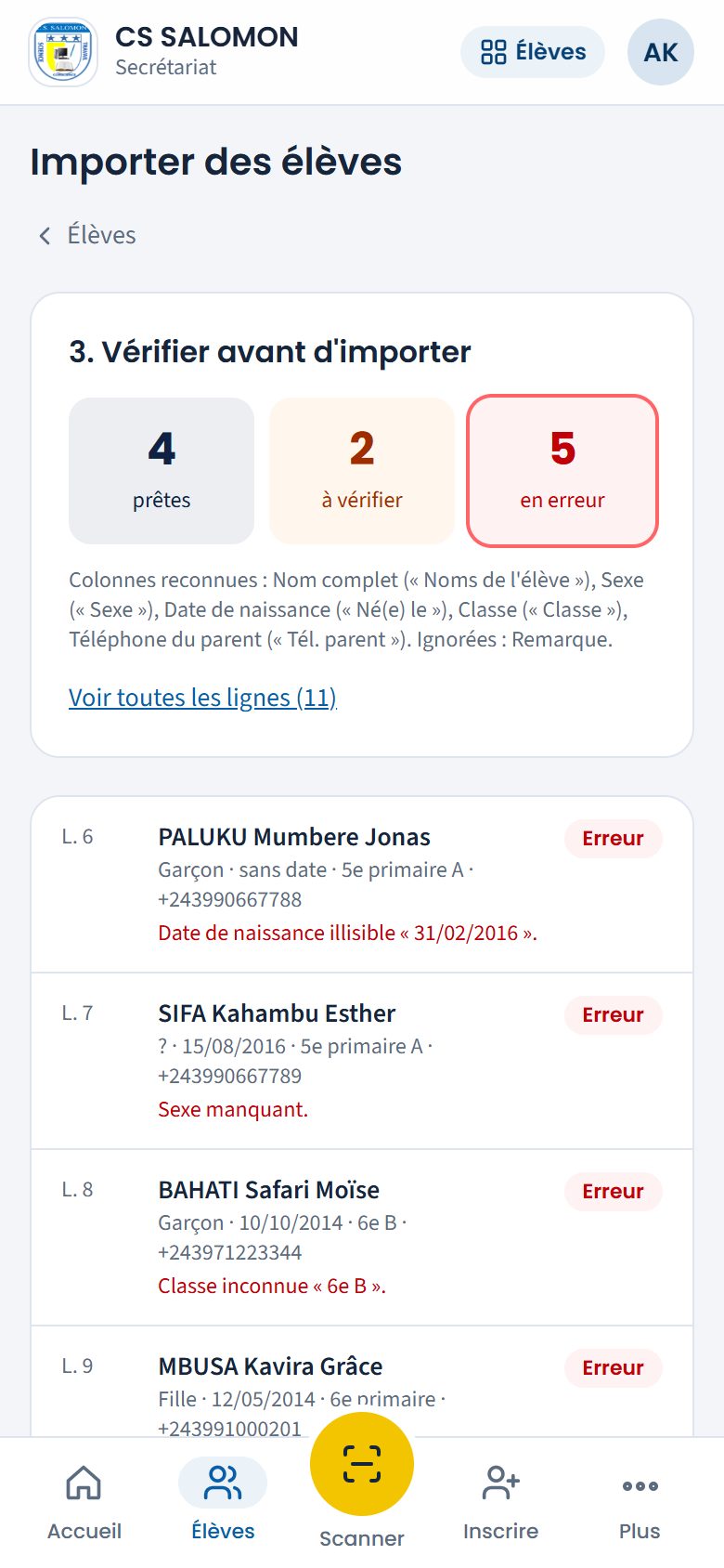 Résultat de la vérification du fichier (téléphone)
