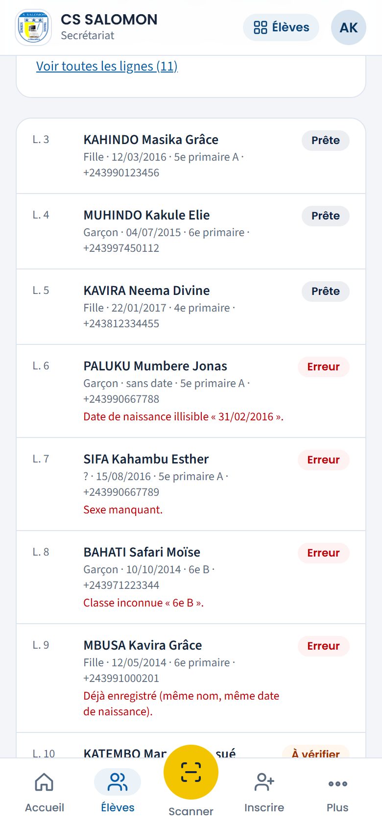 Toutes les lignes du fichier vérifiées (téléphone)