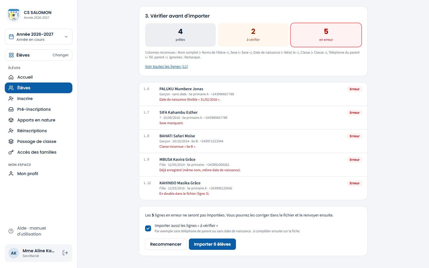 Bouton Importer en bas de la vérification (ordinateur)