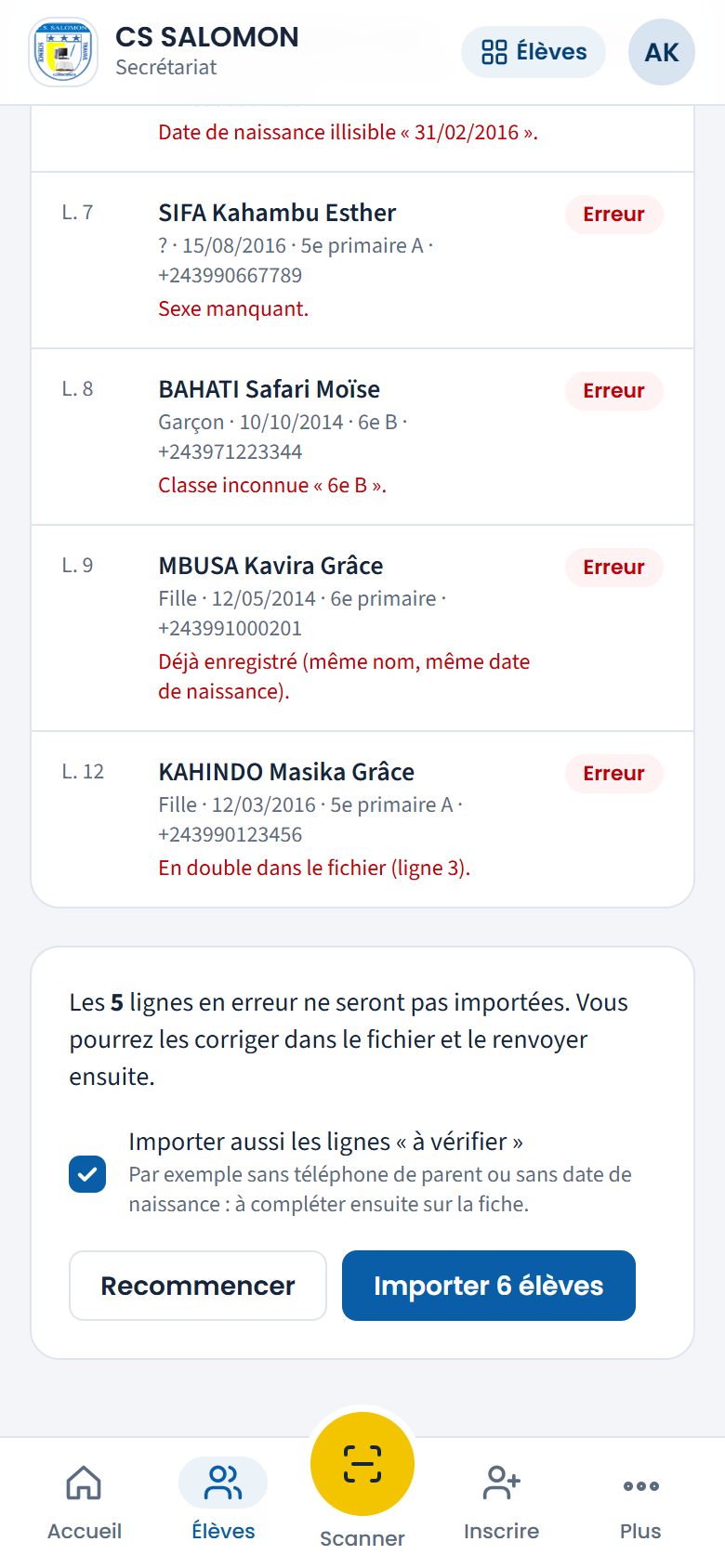 Bouton Importer en bas de la vérification (téléphone)