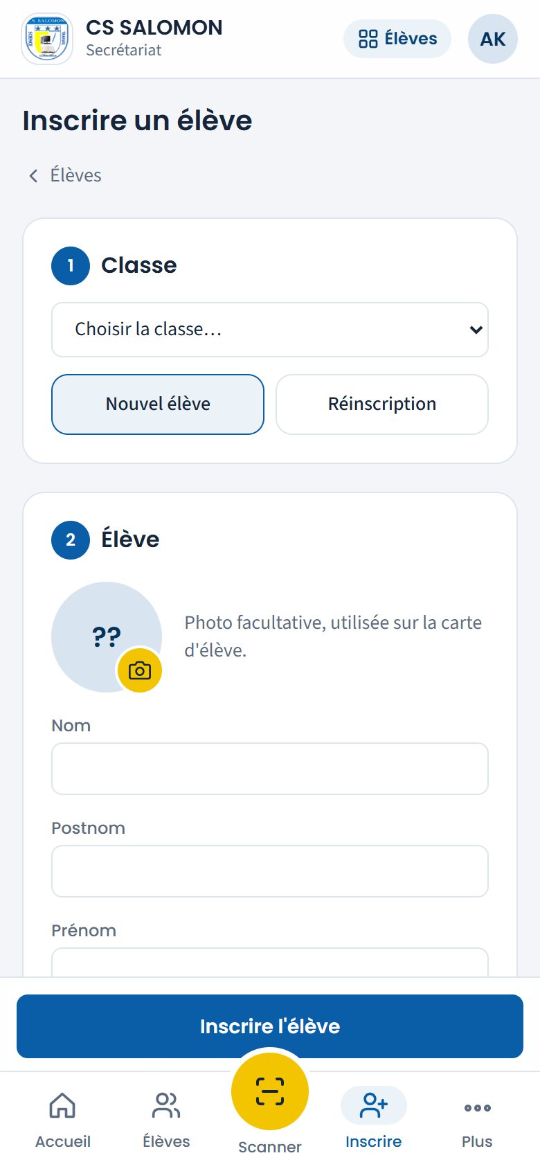 Formulaire Inscrire un élève, vide (téléphone)