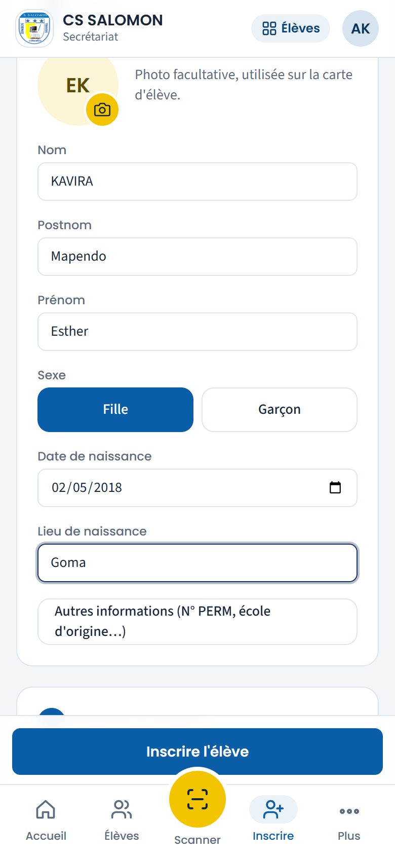 Classe et identité de l'élève remplies (téléphone)