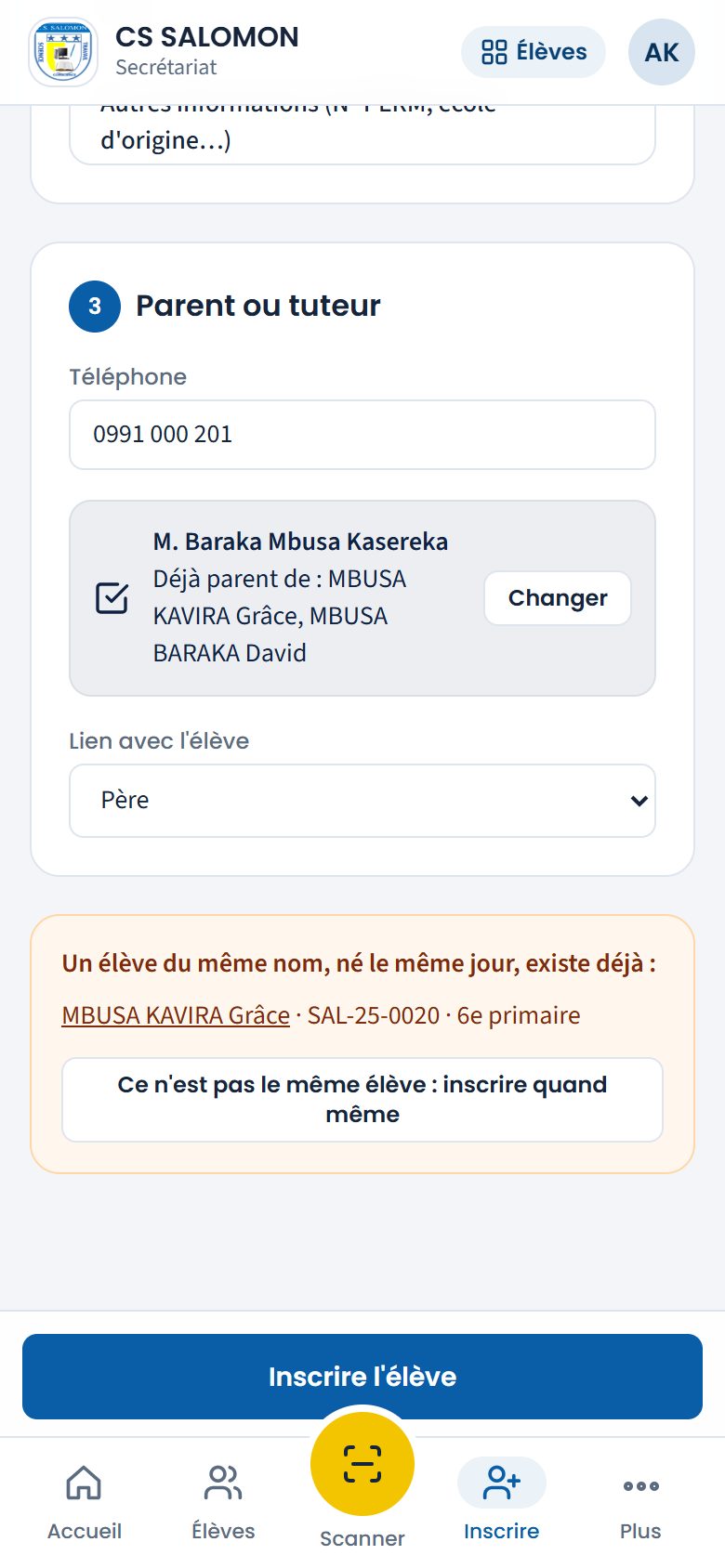 Alerte de doublon à l'inscription (téléphone)