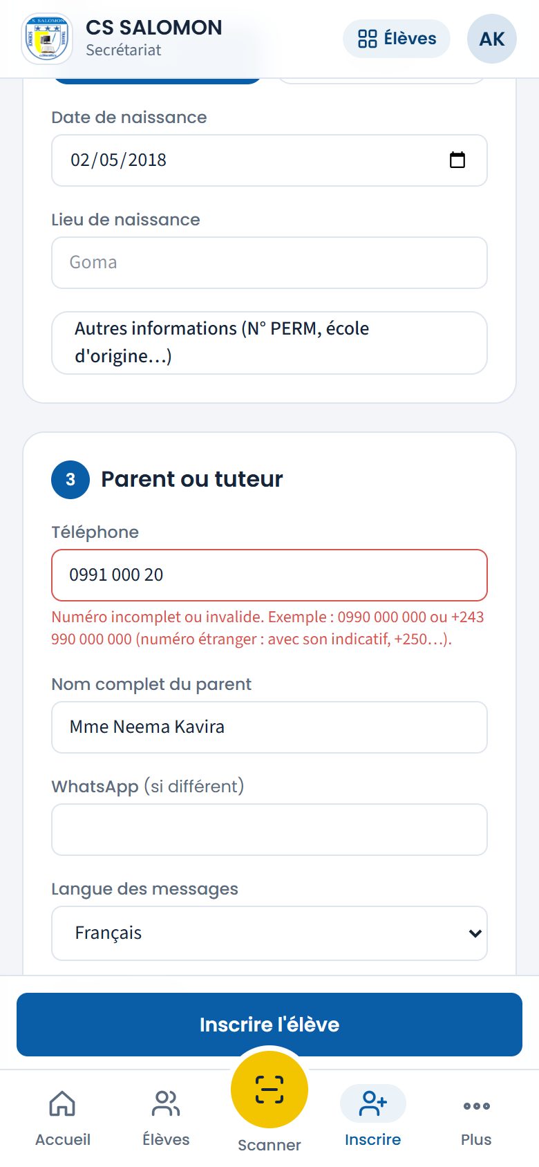 Téléphone incomplet refusé (téléphone)