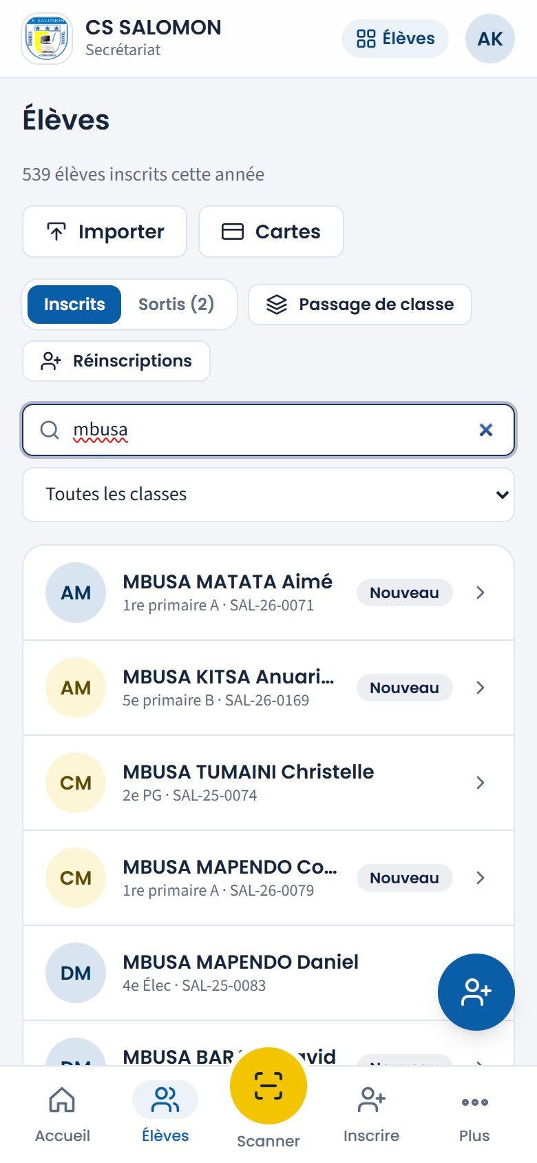 Recherche « mbusa » dans la liste des élèves (téléphone)