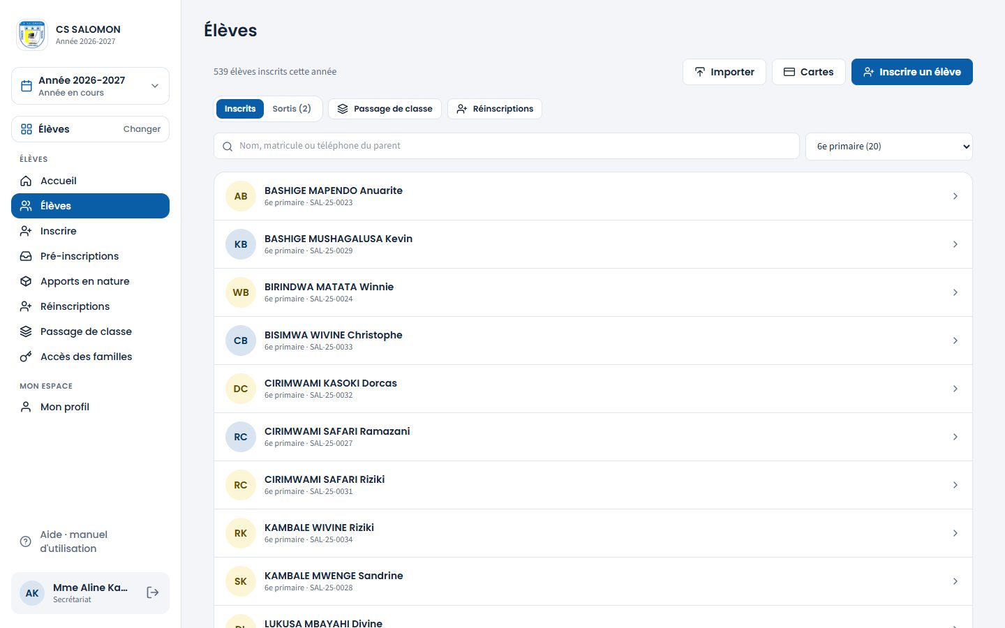 Liste filtrée sur la 6e primaire (ordinateur)