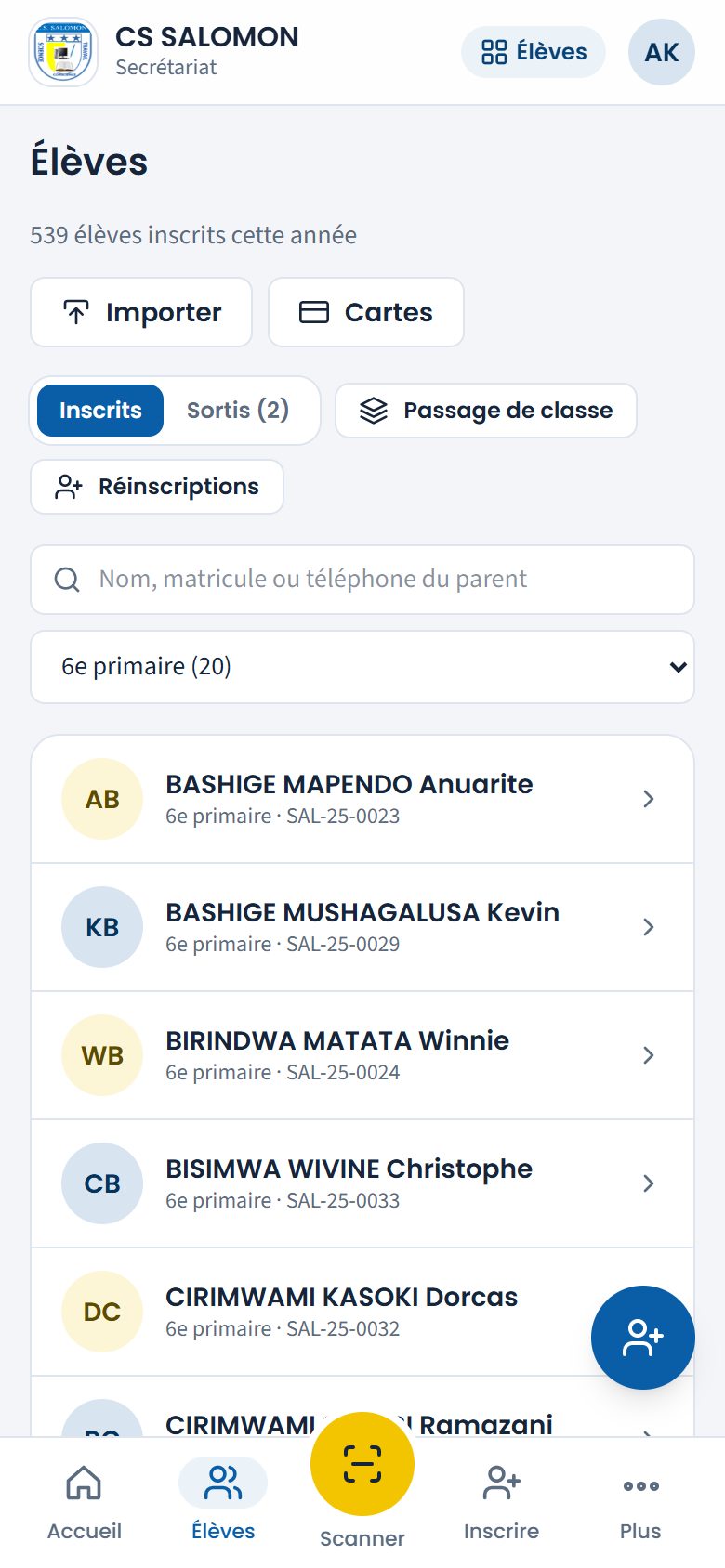 Liste filtrée sur la 6e primaire (téléphone)
