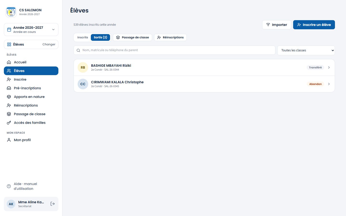 Onglet Sortis de la liste des élèves (ordinateur)