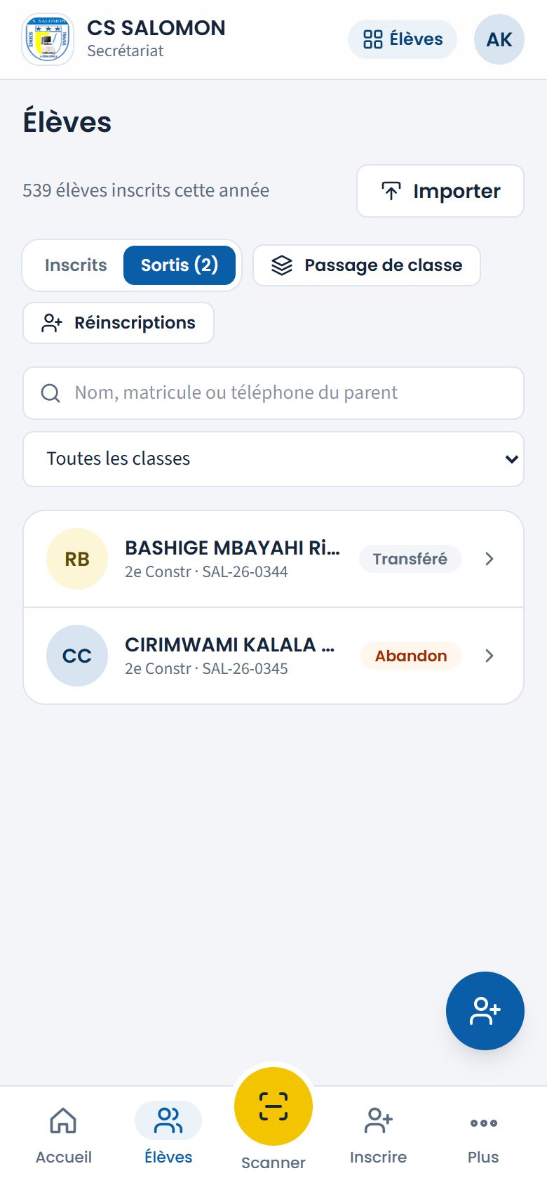 Onglet Sortis de la liste des élèves (téléphone)