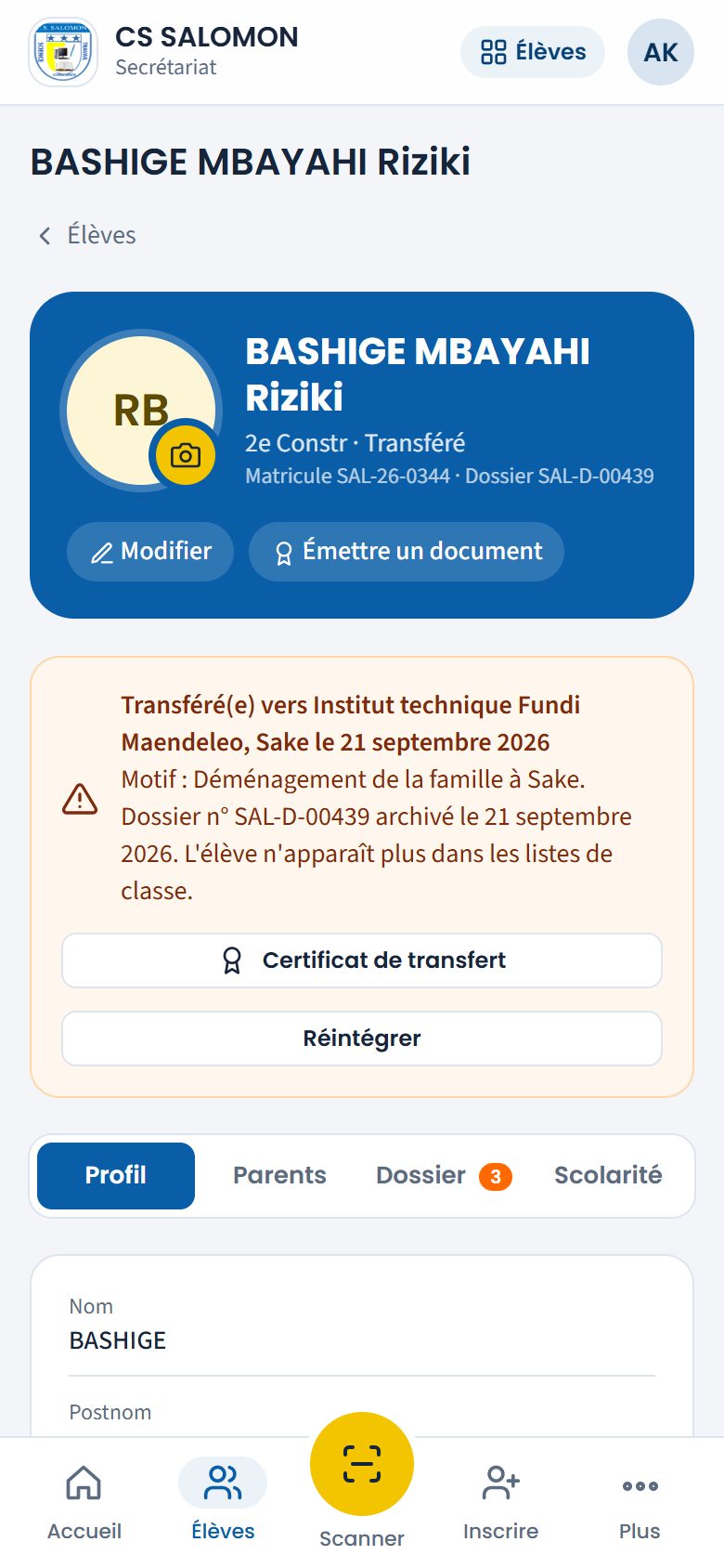Fiche d'un élève transféré (téléphone)