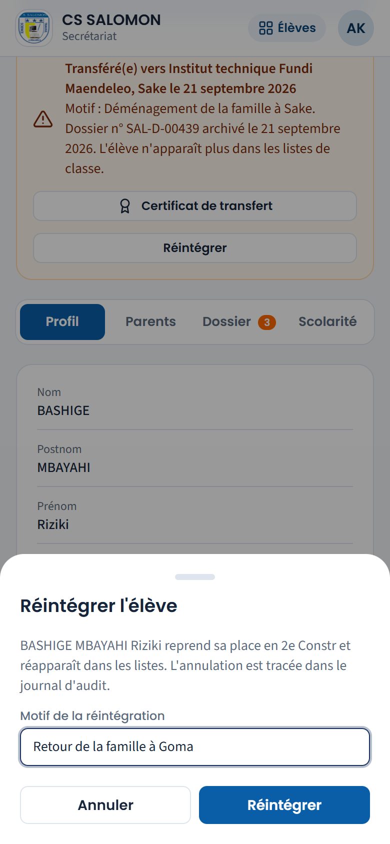 Panneau Réintégrer l'élève (téléphone)
