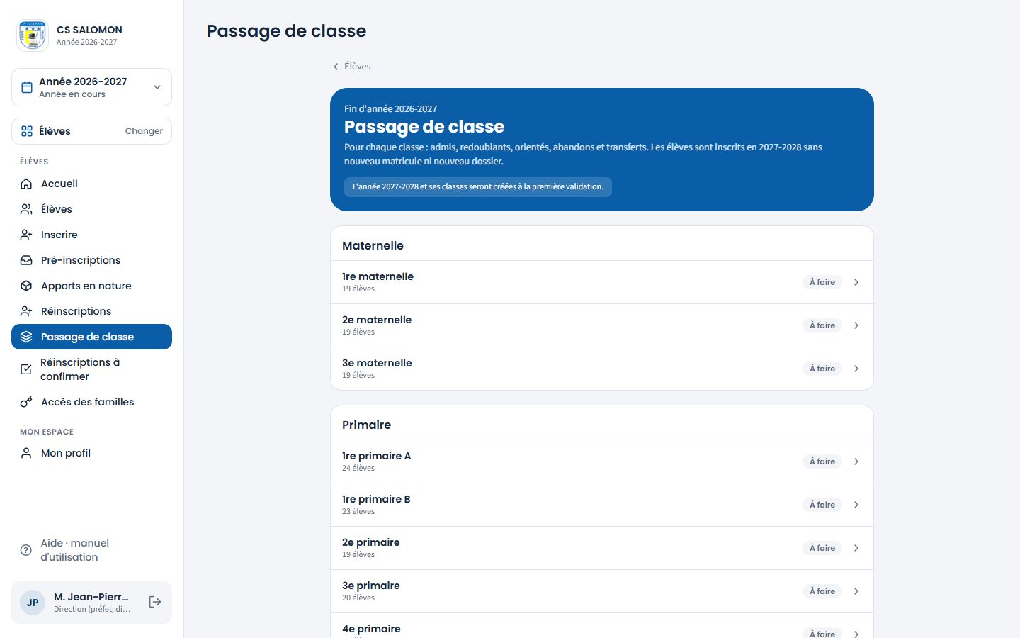 Liste des classes pour le passage (ordinateur)