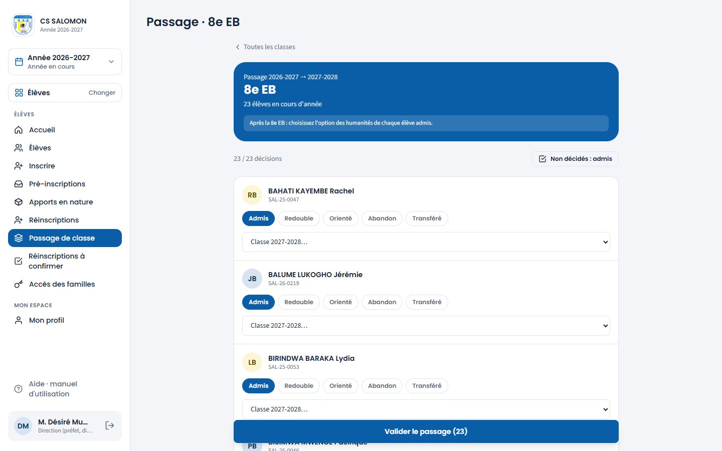 Passage de la 8e EB avec choix de l'option (ordinateur)