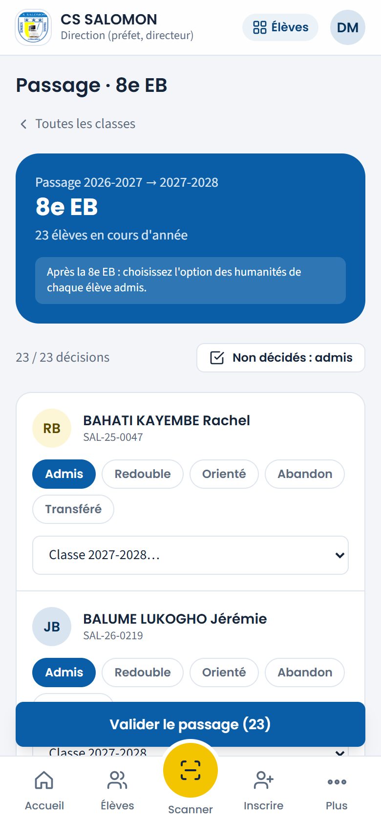 Passage de la 8e EB avec choix de l'option (téléphone)