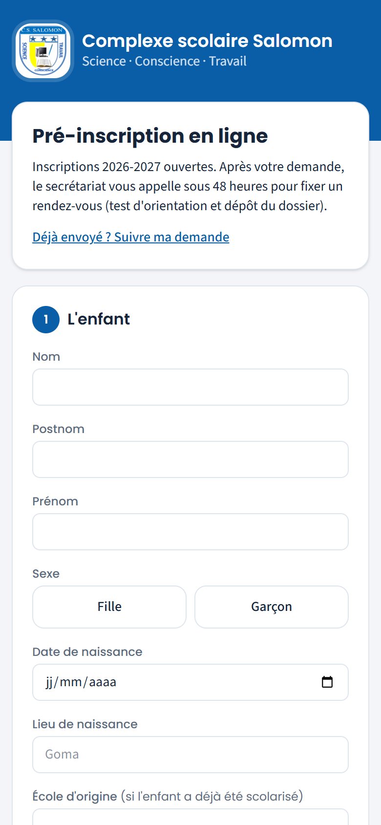 Formulaire public de pré-inscription de CS SALOMON (téléphone)