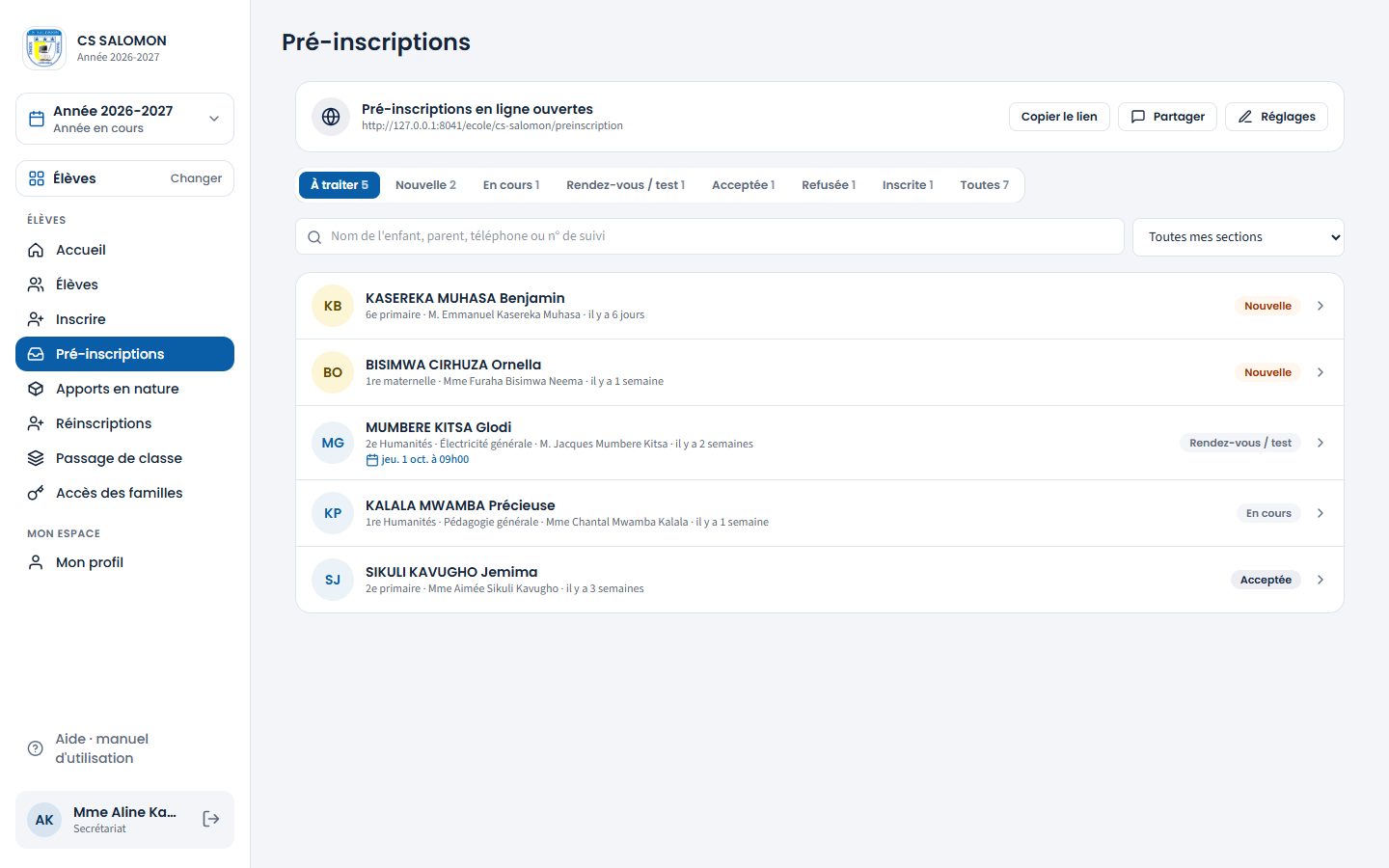 Liste des pré-inscriptions (ordinateur)