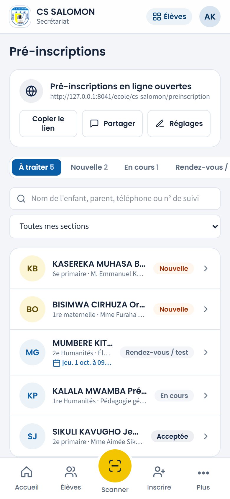 Liste des pré-inscriptions (téléphone)