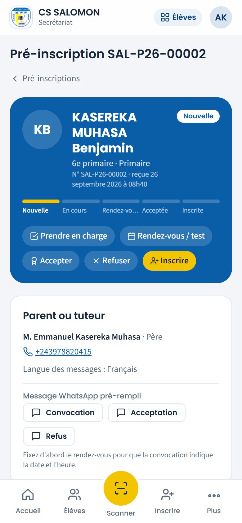 Demande de Benjamin KASEREKA MUHASA (téléphone)