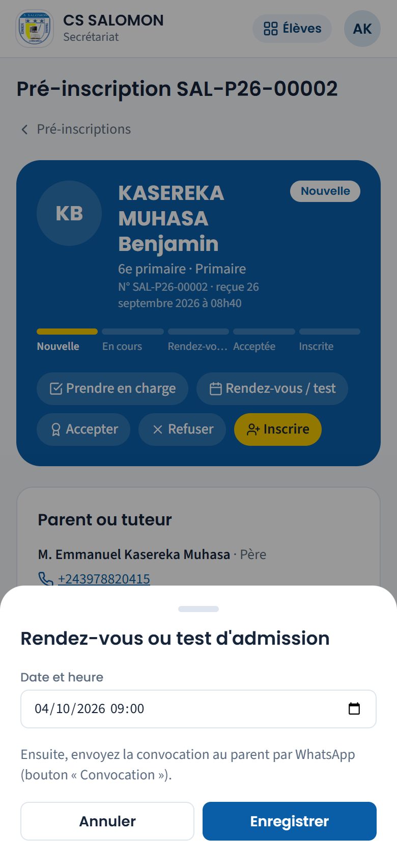 Panneau Rendez-vous ou test d'admission (téléphone)