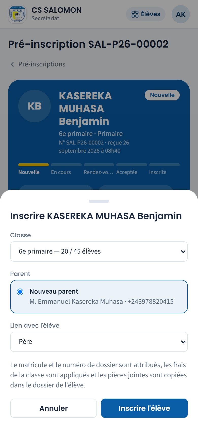 Panneau d'inscription depuis la demande (téléphone)