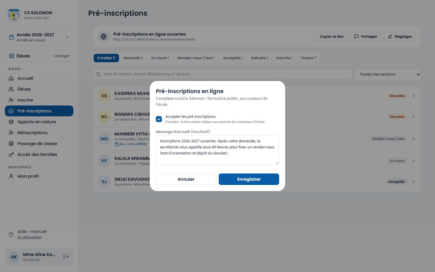 Réglages des pré-inscriptions en ligne (ordinateur)