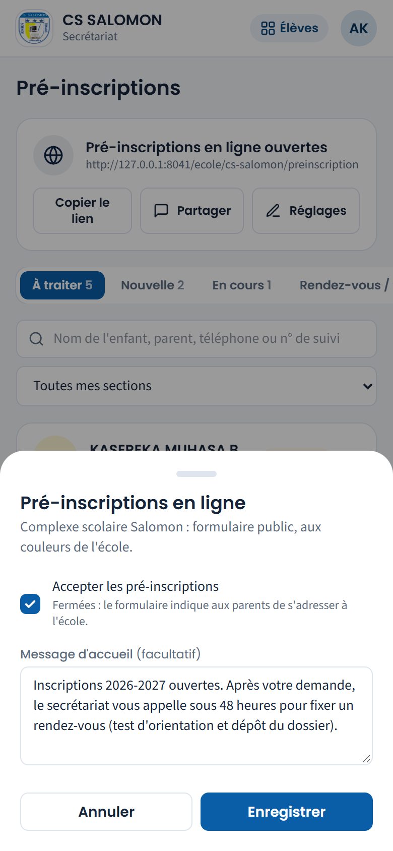 Réglages des pré-inscriptions en ligne (téléphone)