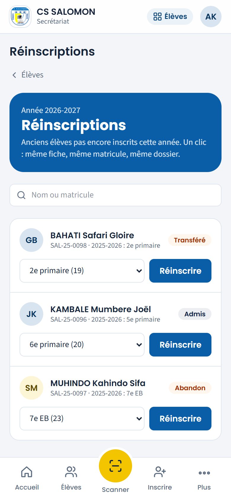Liste des anciens élèves à réinscrire (téléphone)
