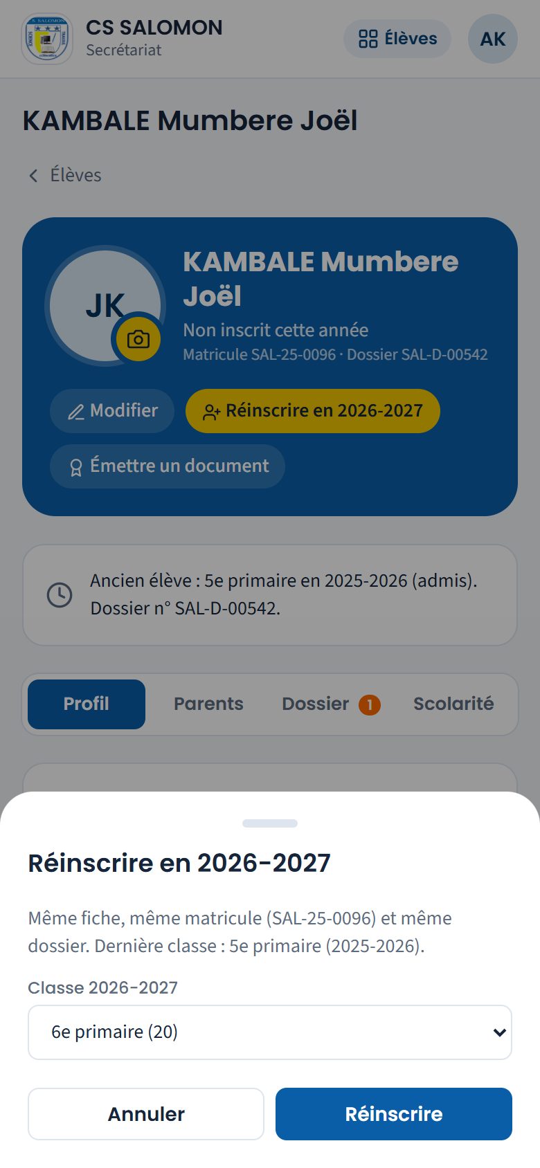 Réinscription depuis la fiche d'un ancien élève (téléphone)