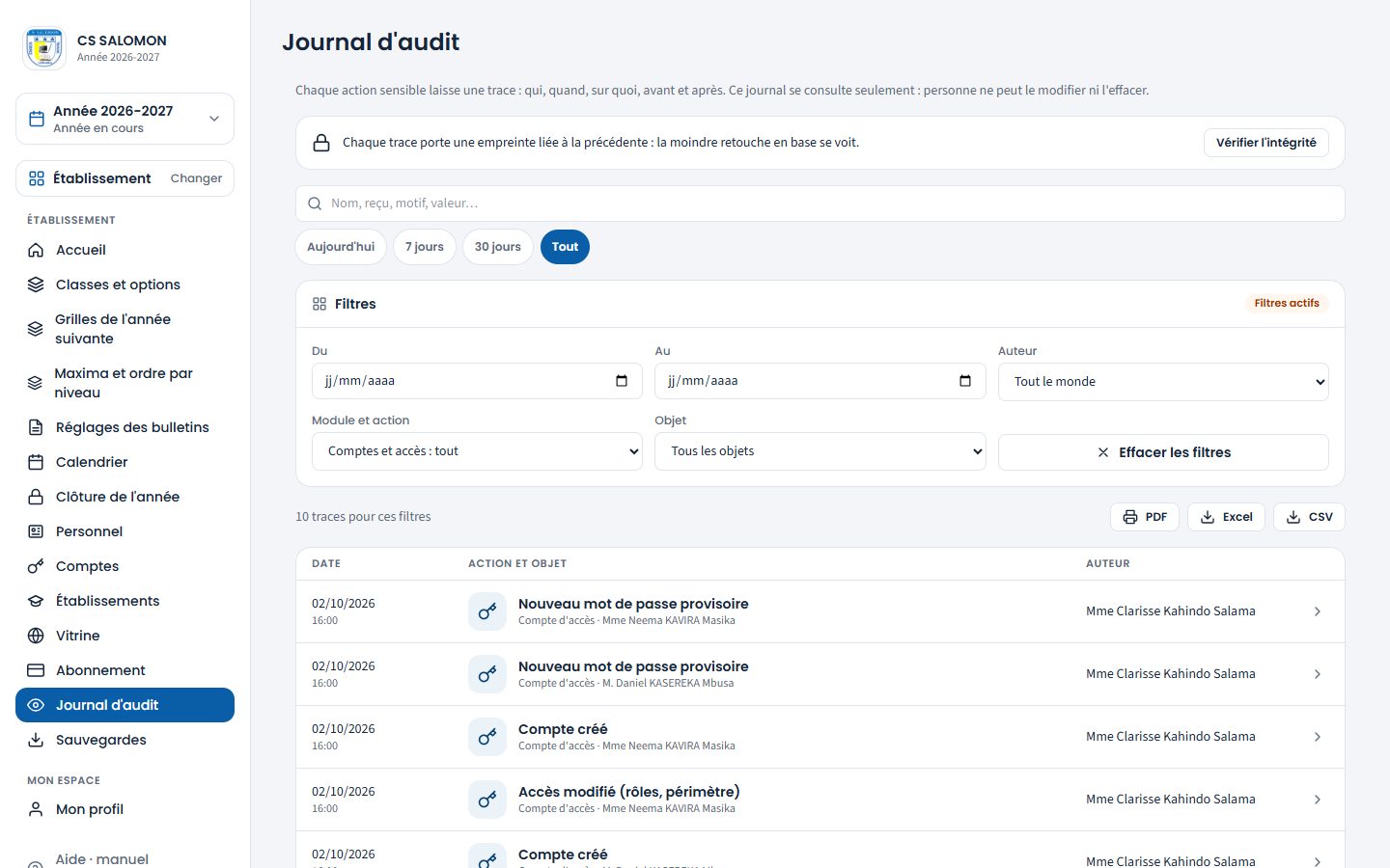 Filtres du journal (ordinateur)