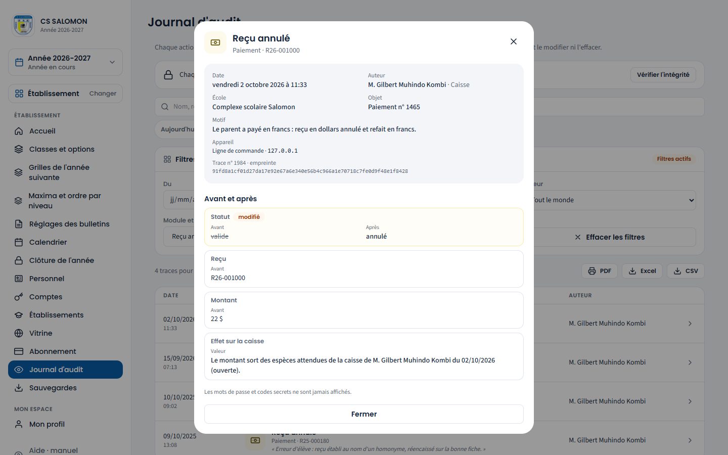 Détail d'une annulation de reçu (ordinateur)